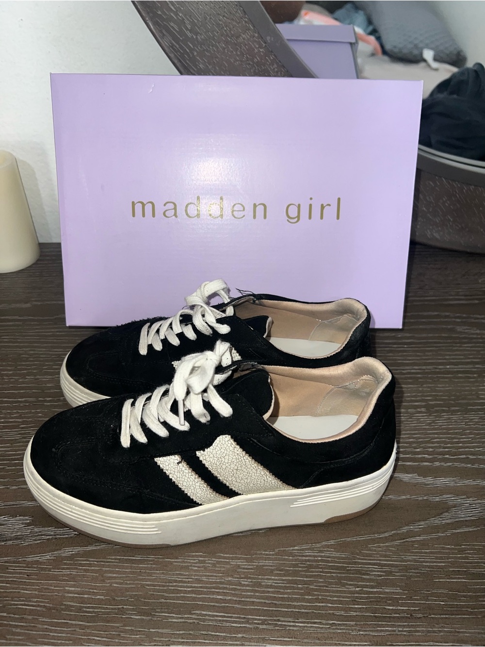 Madden Girl Black Suede Sneakers with White Stripes